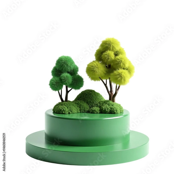 Obraz 3d fantasy green trees on round podium isolated on transparent background cutout