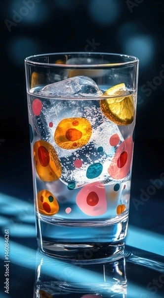 Fototapeta Colorful patterned glass tumbler filled with ice water and citrus slice.