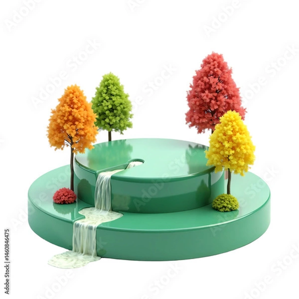 Obraz 3d round green podium with trees and waterfall. Product display presentation with nature theme