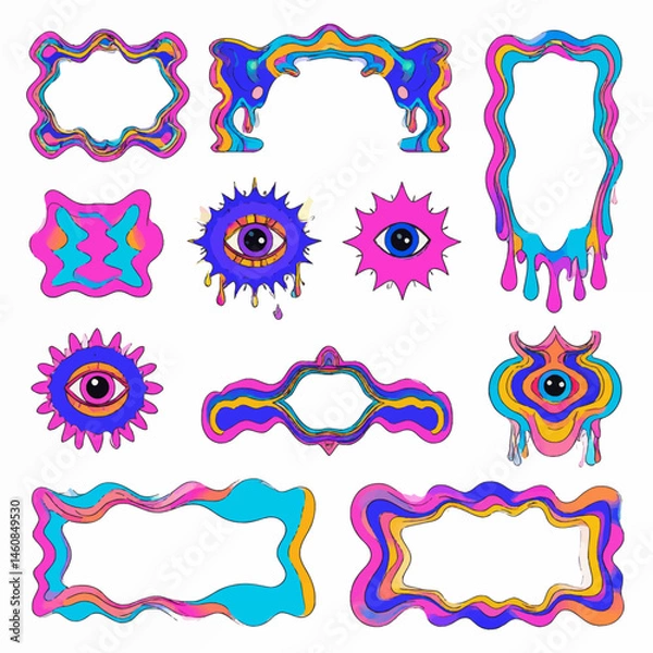 Fototapeta Psychedelic frames and eyes with melting effects for retro designs and decorations