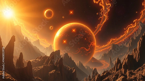Fototapeta Epic Sci-Fi Alien Planet Landscape with Glowing Rings – Dramatic Cosmic Scene of Suns, Moons, and Rocky Terrain in Fiery Orange Light
