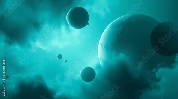 Obraz Dreamy abstract planets hover above a textured space background of interstellar dust and radiant clouds.