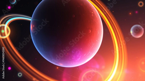 Fototapeta Abstract planet forms float freely in a cosmic dreamscape, wrapped in luminous multicolor rings and ethereal nebula dust.