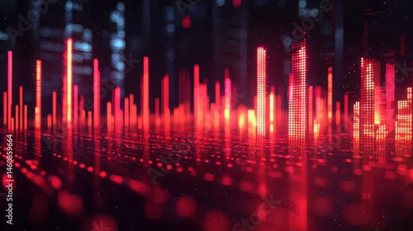 Fototapeta A realistic 4K 3D background featu dynamic sound visualization with red spectrum bars creating a rhythmic cityscape in a stunning side angle perspective.