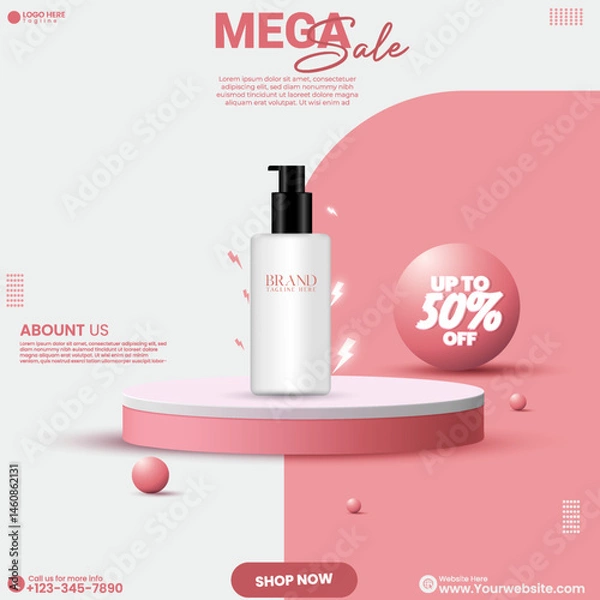 Fototapeta Realistic product sale podium background design vector. Cosmetics product ads design. Social media product sale advertisement cosmetic poster design with 3D rendered podium and pink gradient color. 
