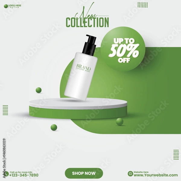 Fototapeta 3D cylinder empty abstract podium background design with natural green color. Natural cosmetics product sale poidum design vector. promotional product sale advertisement podium collection design. 
