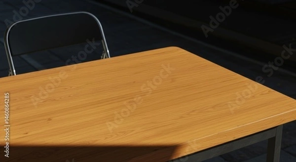 Fototapeta Light brown wooden table with folding chair