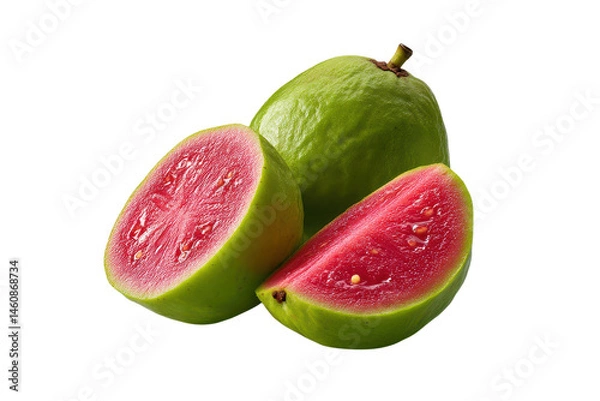 Fototapeta Pink guava slices with whole fruit and green leaves isolated on transparent background