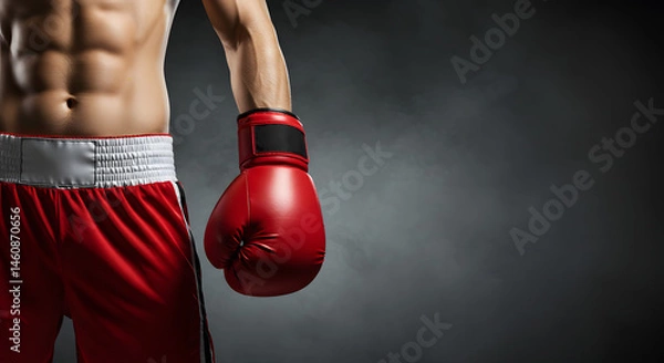 Fototapeta A ripped arm decked out in red boxing gloves and red boxing shorts hangs in the air, rocking a white waistband