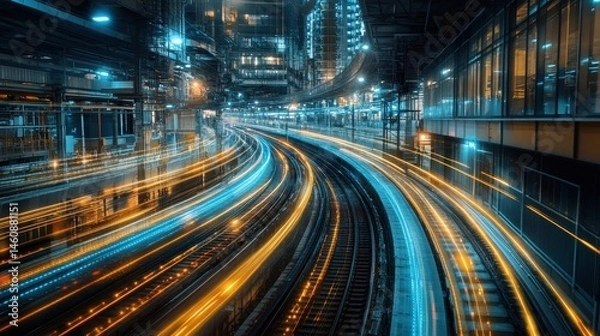 Obraz Industrial Train Tracks at Night with Light Streaks Long Exposure View of Urban Transportation Infrastructure