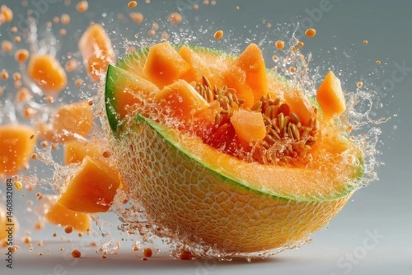 Obraz Sweet Melon Burst: A vibrant image captures the dynamic moment of a melon exploding, revealing its juicy interior and fresh flavors. Capturing the essence of freshness.