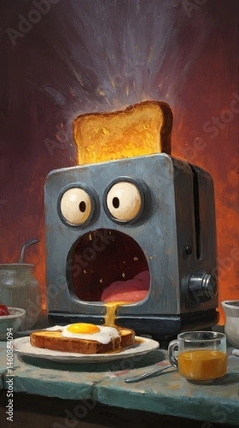 Fototapeta Exaggerated toaster with exploding toast and egg.