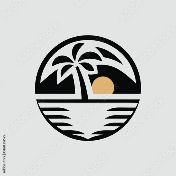 Fototapeta Minimalist sunset scene with palm tree and ocean reflection in a circular graphic
