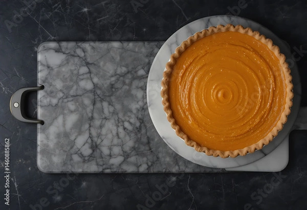 Obraz Pumpkin pie on marble cutting board. Dark background. Copy space. Top view