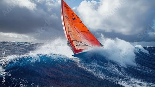 Fototapeta Fast sailing boat in a rough ocean