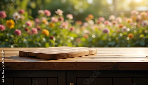 Obraz Selective focus. End grain wood counter top with cutting board on blur greeny flower garden in morning with nature light 