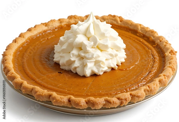Obraz Traditional pumpkin pie for Thanksgiving dinner, topped with whipped cream, isolated on the white background 