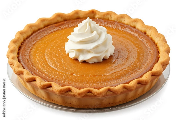 Obraz Traditional pumpkin pie for Thanksgiving dinner, topped with whipped cream, isolated on the white background 