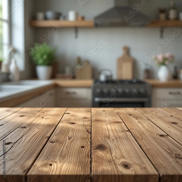 Obraz Wood table top on blur kitchen counter in morning background. beautiful abstract nature 