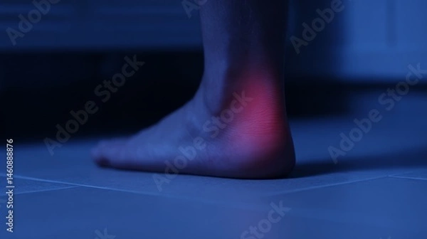 Obraz Close-up View of A Barefoot Male Ankle with Soft Blue Lighting and Subtle Red Glow, Capturing Sensation and Comfort in a Calm Indoor Atmosphere