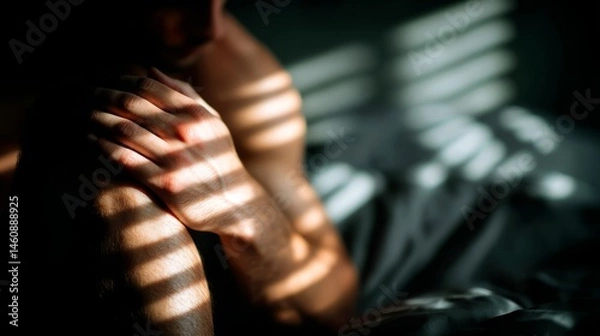 Obraz Soft Morning Light Creates Striking Shadow Patterns on a Contemplative Individual Resting in Bed with an Artistic, Serene Atmosphere