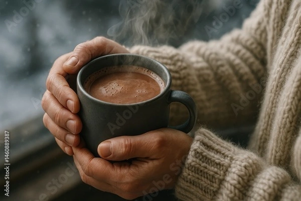 Fototapeta Hands holding a steaming mug of hot chocolate on a cold day, enjoying warmth