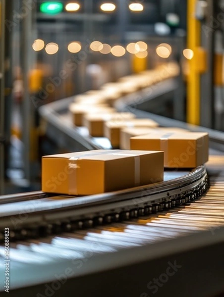 Obraz Eye-level view of cardboard boxes moving on a conveyor belt in a distribution warehouse for shipping and delivery logistics