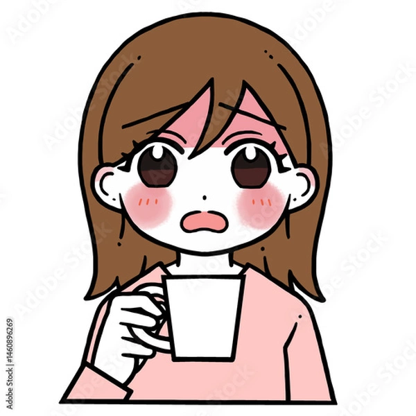 Obraz コップを持つ顔の赤い困り顔の女性のイラスト