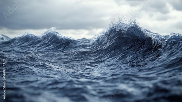 Fototapeta Realistic 4K side angle illustration showing a 3D background with immense ocean waves crashing under a cloudy sky creating a dramatic scene of nature's power.