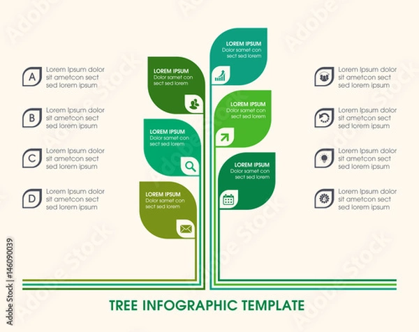 Fototapeta Tree infographic with icons, numbers and placeholder text. Green business diagram, and template. Vector timeline and industry growth chart.
