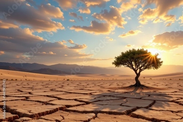 Fototapeta create a digital artwork featuring a cracked desert landscape under a morning sky, on the right side of the image, place a solitary tree with plenty of empty space on its left