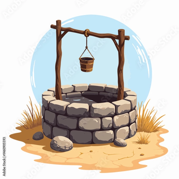 Obraz Rustic stone well with wooden bucket in arid landscape, simplicity