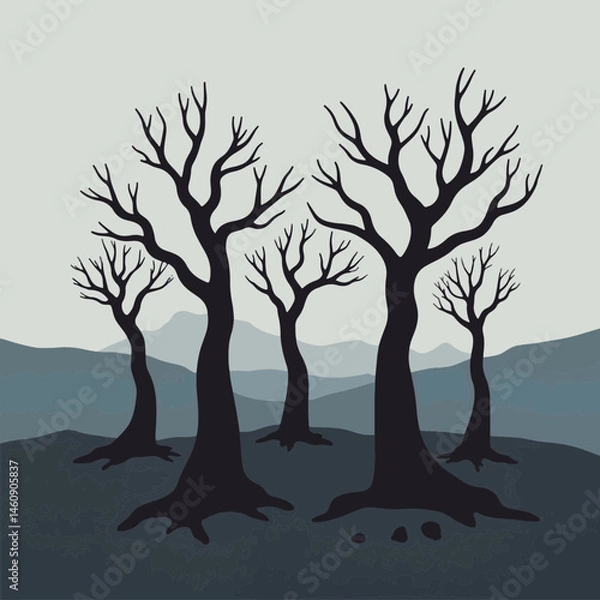 Obraz Skeletal trees silhouetted in dark landscape, environmental symbolism