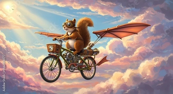 Fototapeta Whimsical Steampunk Squirrel Flying a Propeller Bicycle in Sky