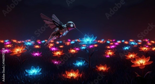 Fototapeta Futuristic Robotic Hummingbird Hovering Over Luminous Neon Flowers
