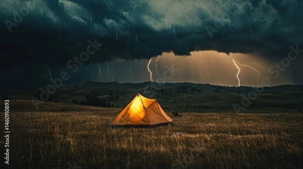 Fototapeta Illuminated tent in a stormy landscape with lightning striking.