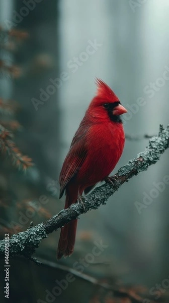 Fototapeta Vivid red cardinal perched on a branch in a misty forest.