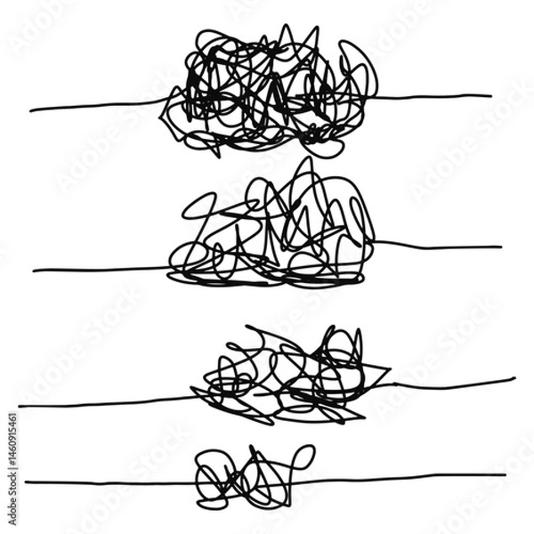 Fototapeta Vector set of random chaotic pen lines. black pen scribble clew. hand draw insane tangled scribble clew. hand draw rough lines