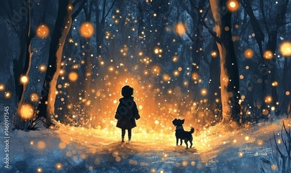 Fototapeta whimsical watercolor of a child and their dog walking through a snowy forest lit by glowing fairy lights, Generative AI