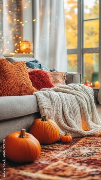 Fototapeta Cozy autumn interior with pumpkins and warm blanket on sofa in living room at home during fall season closeup