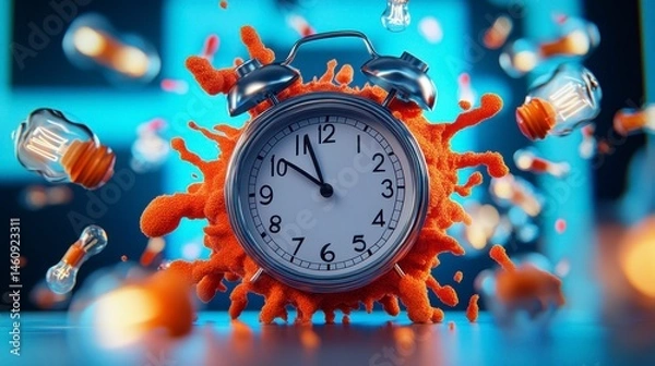 Obraz A surreal blend of time and chaos featuring an alarm clock surrounded by splashes of color and light bulbs