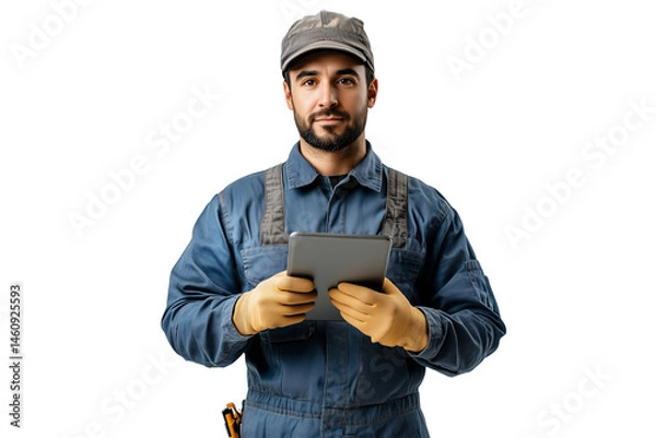 Fototapeta Portrait of a mechanic in a blue uniform holding a tablet, isolated on a transparent background