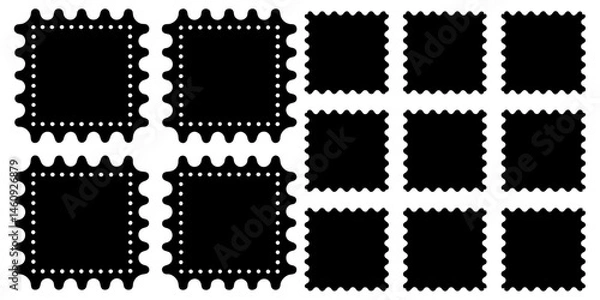Obraz blank black postage stamps with scalloped edges are arranged in a slightly overlapping grid on a white background.