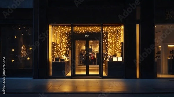 Obraz Illuminated storefront at night, showcasing festive lighting.