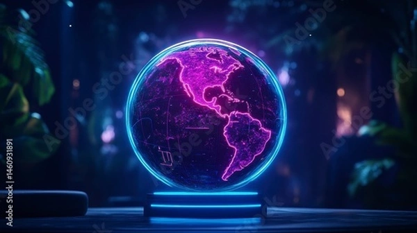 Fototapeta Illuminated digital globe showcasing the Americas with vibrant neon colors and a futuristic aesthetic in a lush environment