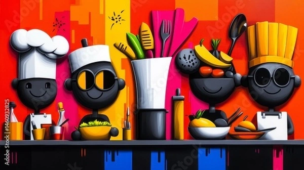 Obraz A vibrant culinary scene featuring playful chef characters in a colorful kitchen, highlighting joyful cooking and creativity