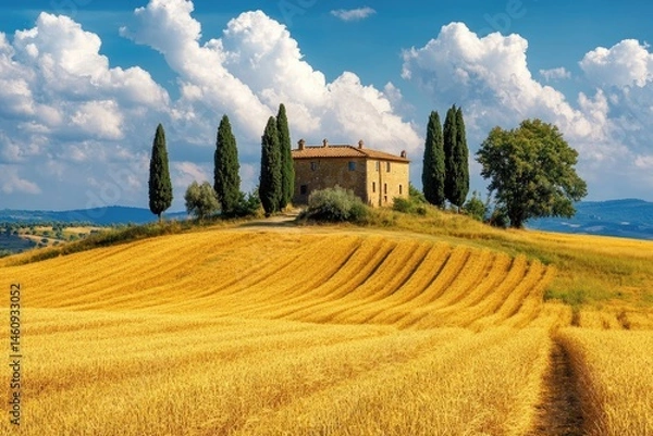 Fototapeta Tuscan farmhouse on a hilltop. Golden fields, cypress trees, clouds