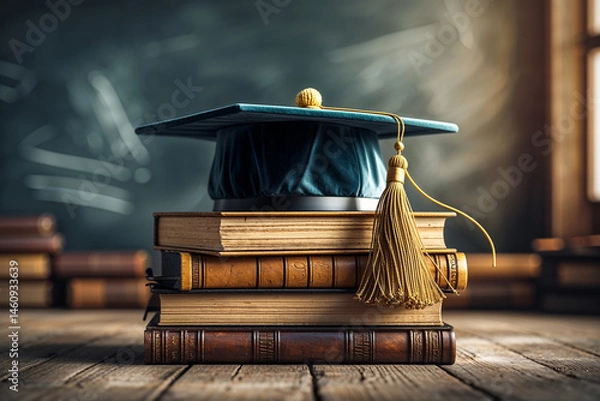 Obraz Graduation cap resting on books with tassel, symbolic studio shot with academic and classic feel