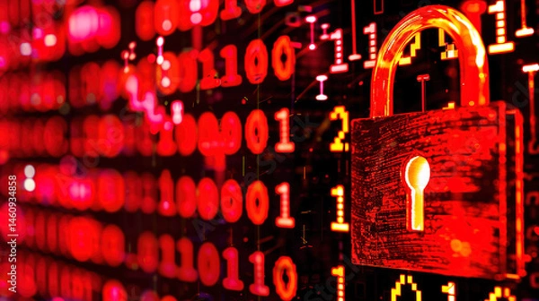 Fototapeta Glowing red padlock on dark digital interface symbolizing cryptocurrency security breach, blockchain technology concept for cyber security and data protection.
