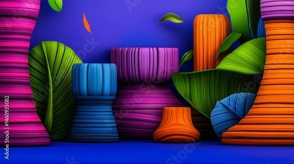 Fototapeta Vibrant arrangement of colorful pottery and lush greenery against a striking blue background for artistic and decorative purposes
